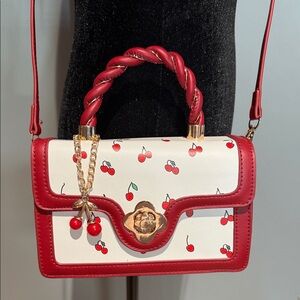 Mini Chic Red and White Square Buckle Hand Bag with Cherry key charm
